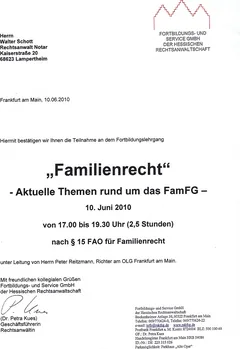 Zertifikat: Aktuelle Themen des FamFG