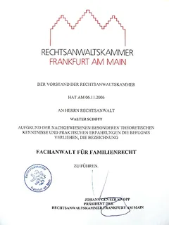Zertifikat: Fachanwaltslehrgang Familienrecht