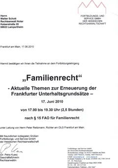 Zertifikat: Frankfurter Unterhaltsgrundsätze