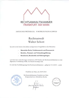 Zertifikat: Fortbildung Rechtsanwaltskammer